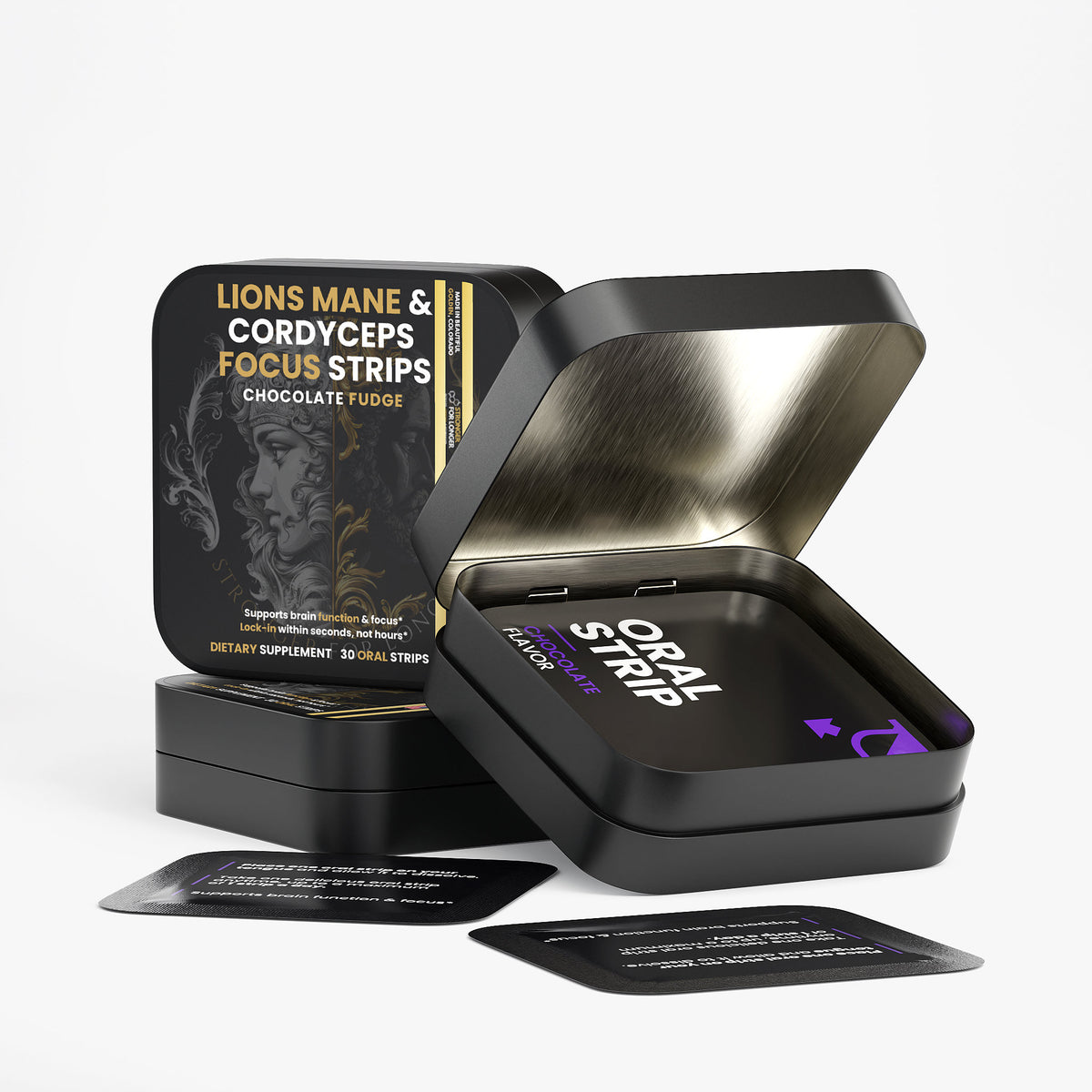 Lion’s Mane & Cordyceps Focus Strips: 30 Chocolate Fudge Oral Strips for Focus & Mental Clarity Support