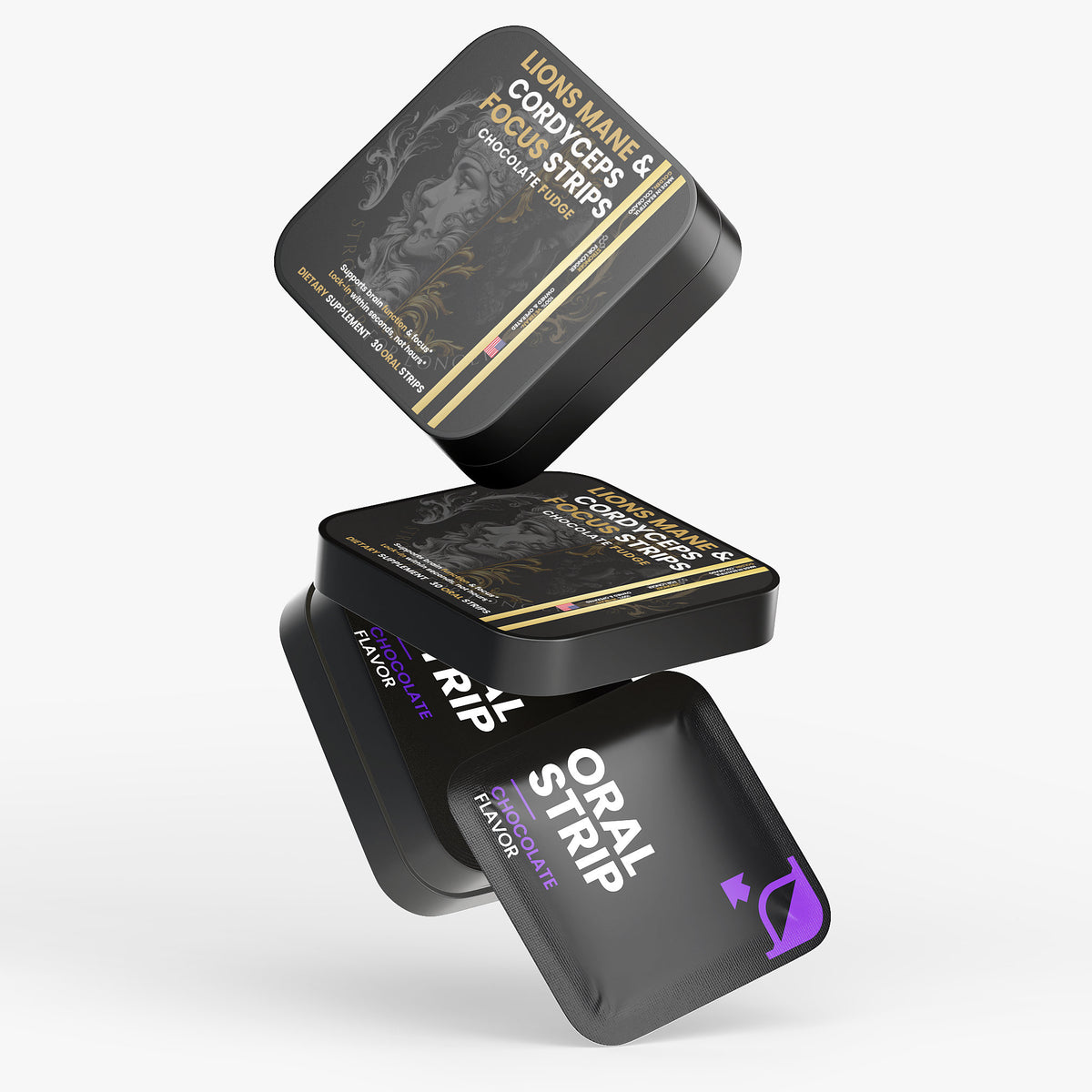 Lion’s Mane & Cordyceps Focus Strips: 30 Chocolate Fudge Oral Strips for Focus & Mental Clarity Support