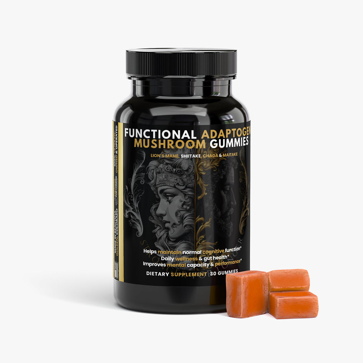 Functional Adaptogen Mushroom Gummies: 30 Orange Gummies with Lion’s Mane, Shiitake, Chaga & Maitake